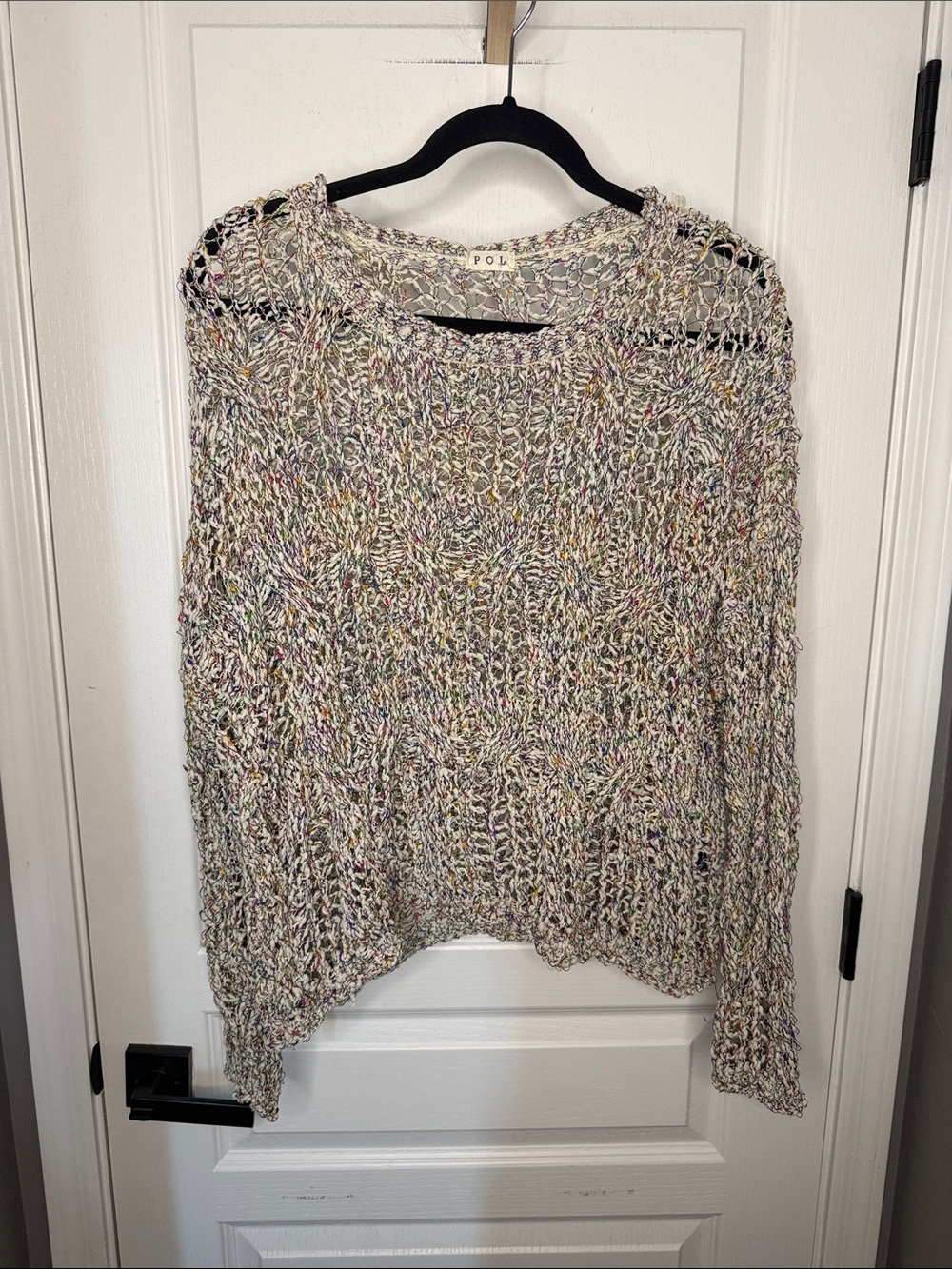 POL Multicolor Speckled Open-Knit Crewneck Sweater